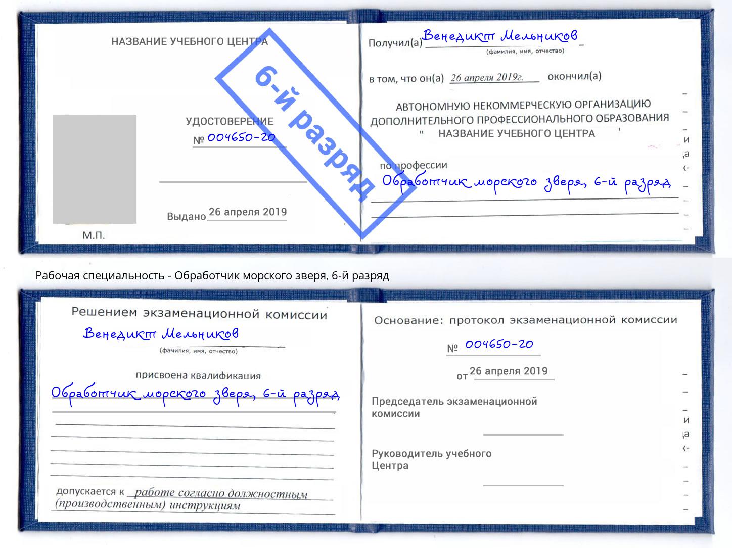 корочка 6-й разряд Обработчик морского зверя Михайловка