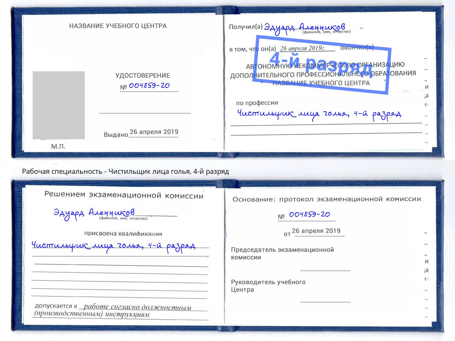 корочка 4-й разряд Чистильщик лица голья Михайловка