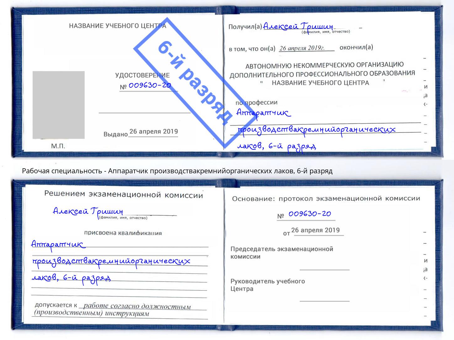 корочка 6-й разряд Аппаратчик производствакремнийорганических лаков Михайловка