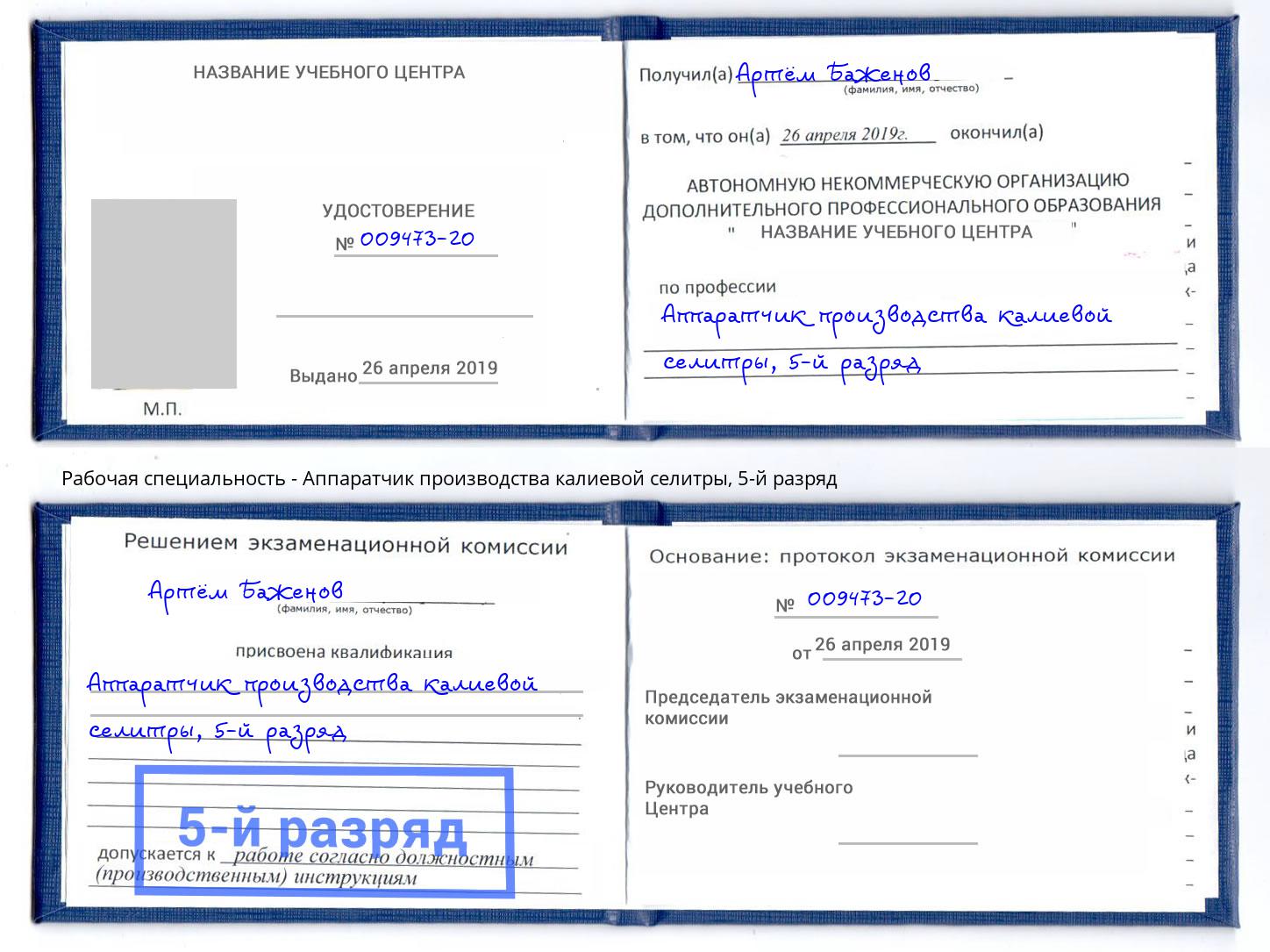 корочка 5-й разряд Аппаратчик производства калиевой селитры Михайловка