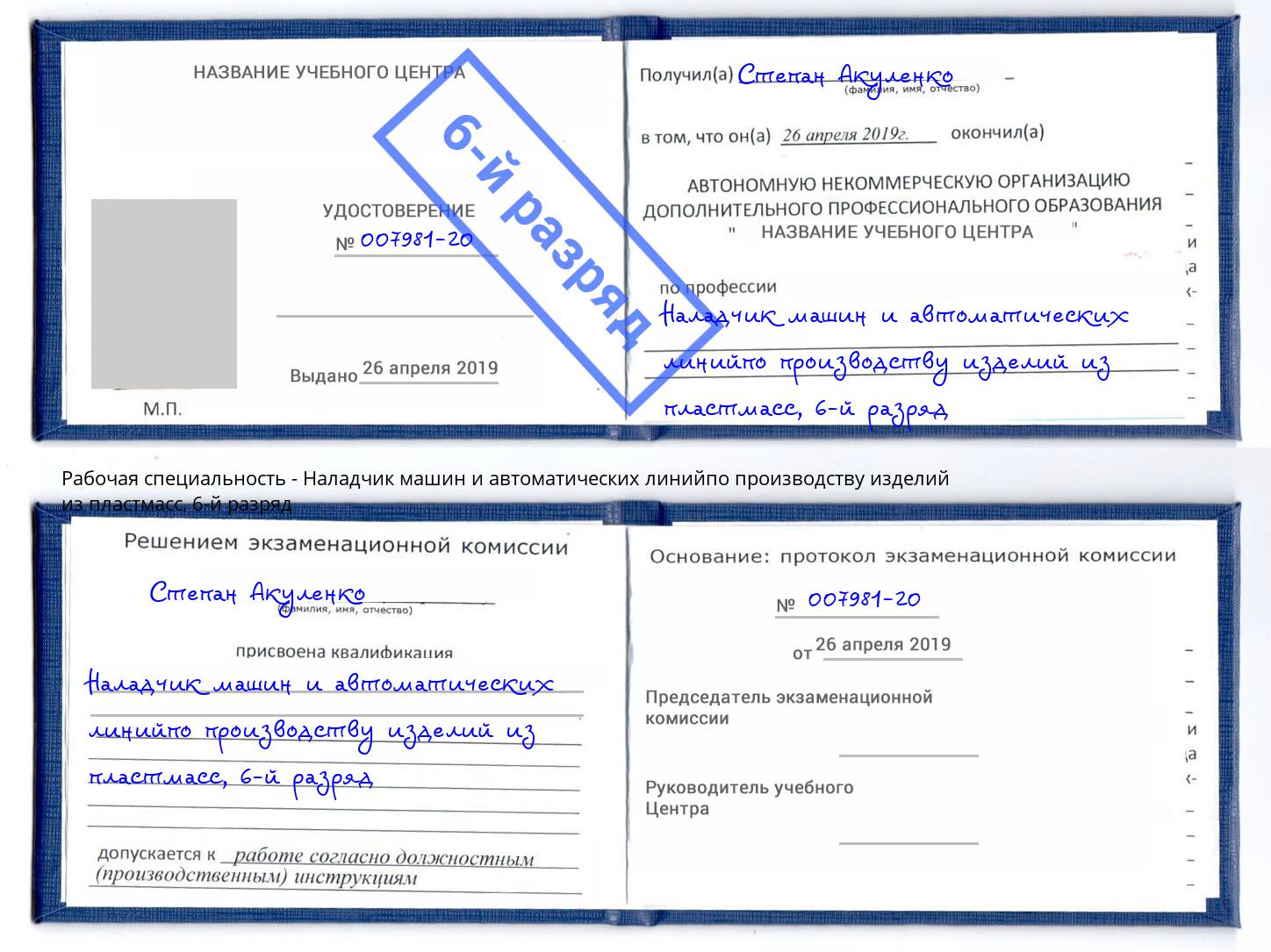 корочка 6-й разряд Наладчик машин и автоматических линийпо производству изделий из пластмасс Михайловка