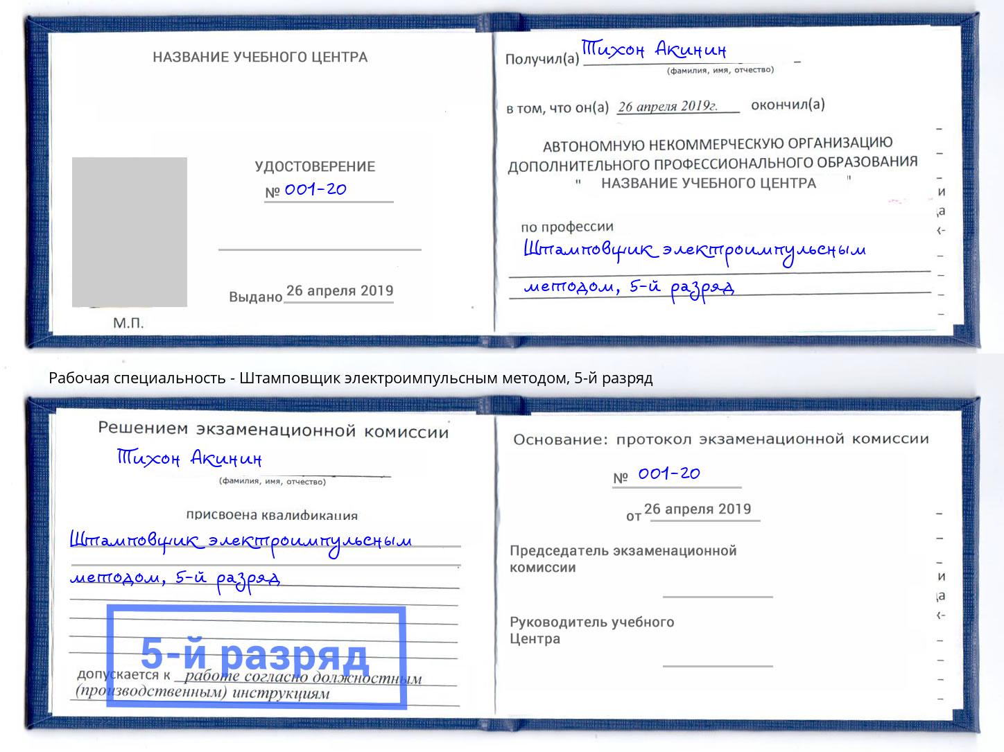 корочка 5-й разряд Штамповщик электроимпульсным методом Михайловка