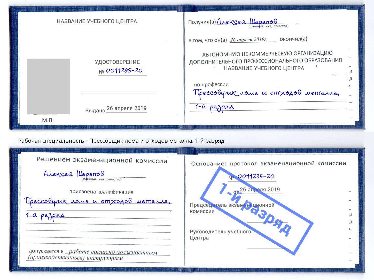 корочка 1-й разряд Прессовщик лома и отходов металла Михайловка