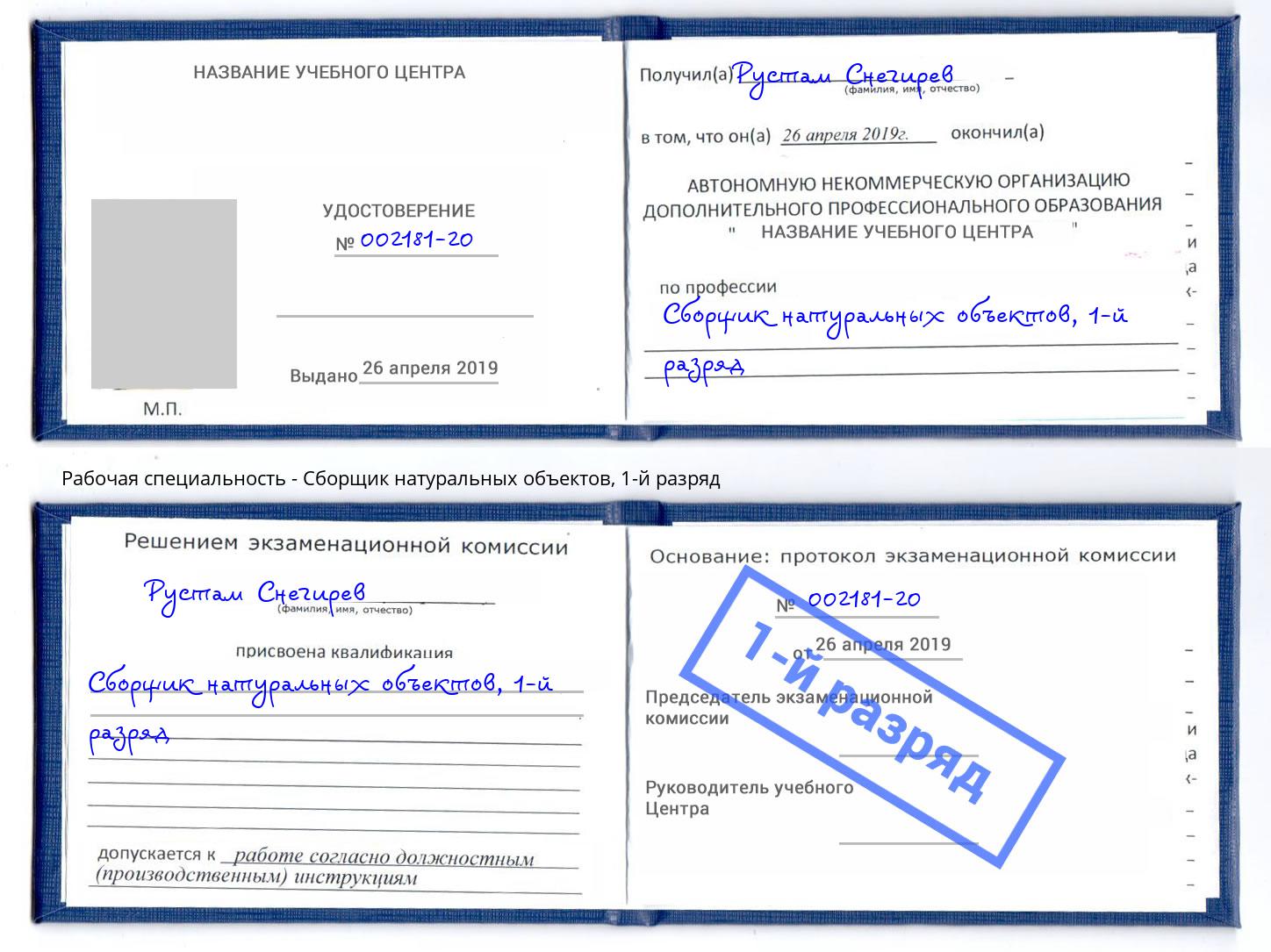 корочка 1-й разряд Сборщик натуральных объектов Михайловка