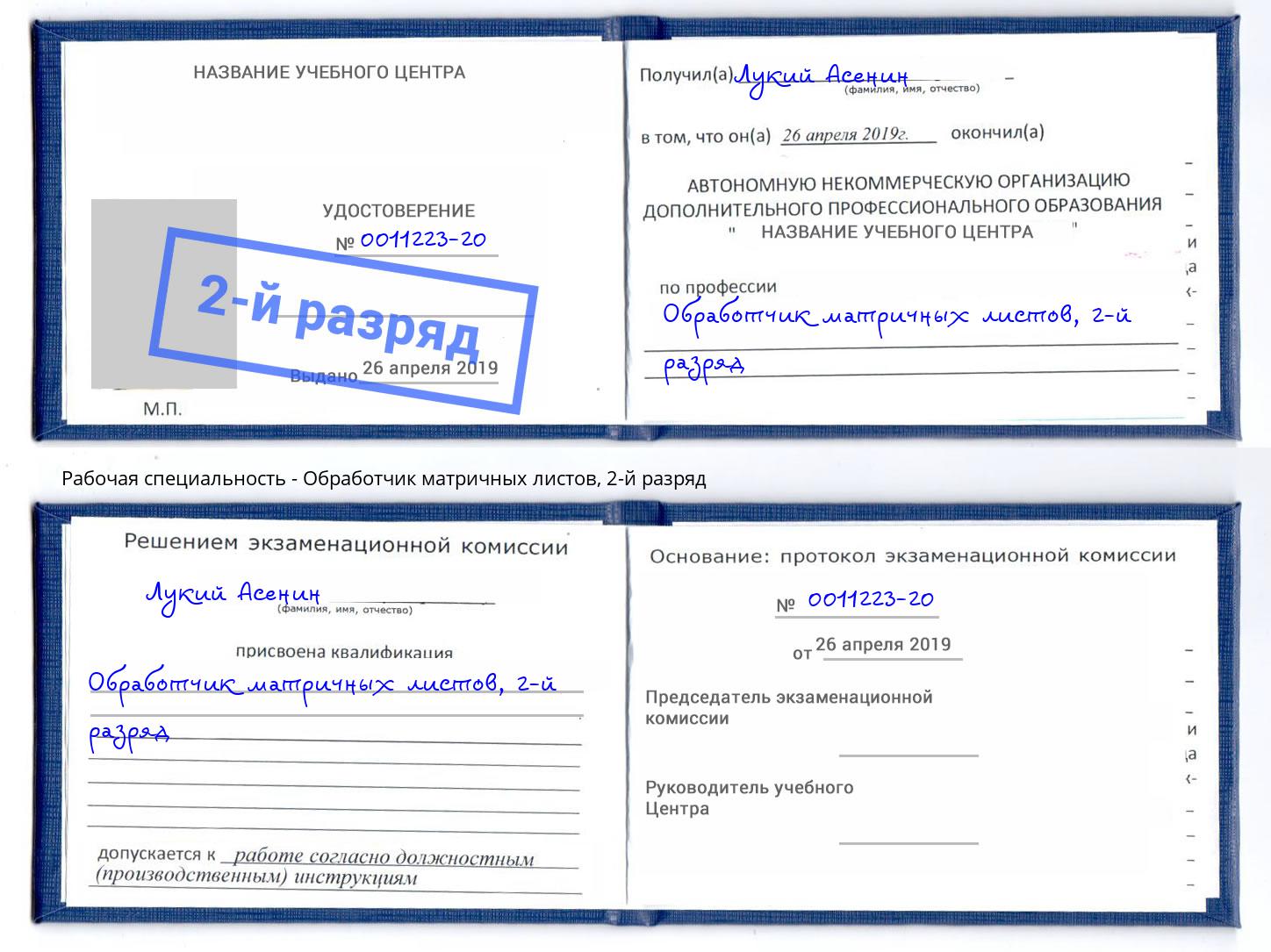 корочка 2-й разряд Обработчик матричных листов Михайловка